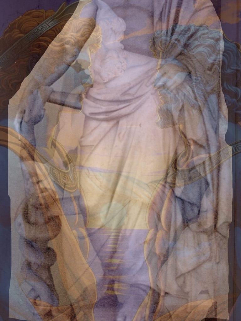 Poseidon und Dionysos diskutieren miteinander. Im Hintergrund sind Hephaistos und Asklepios mit seinem Stab zu sehen.